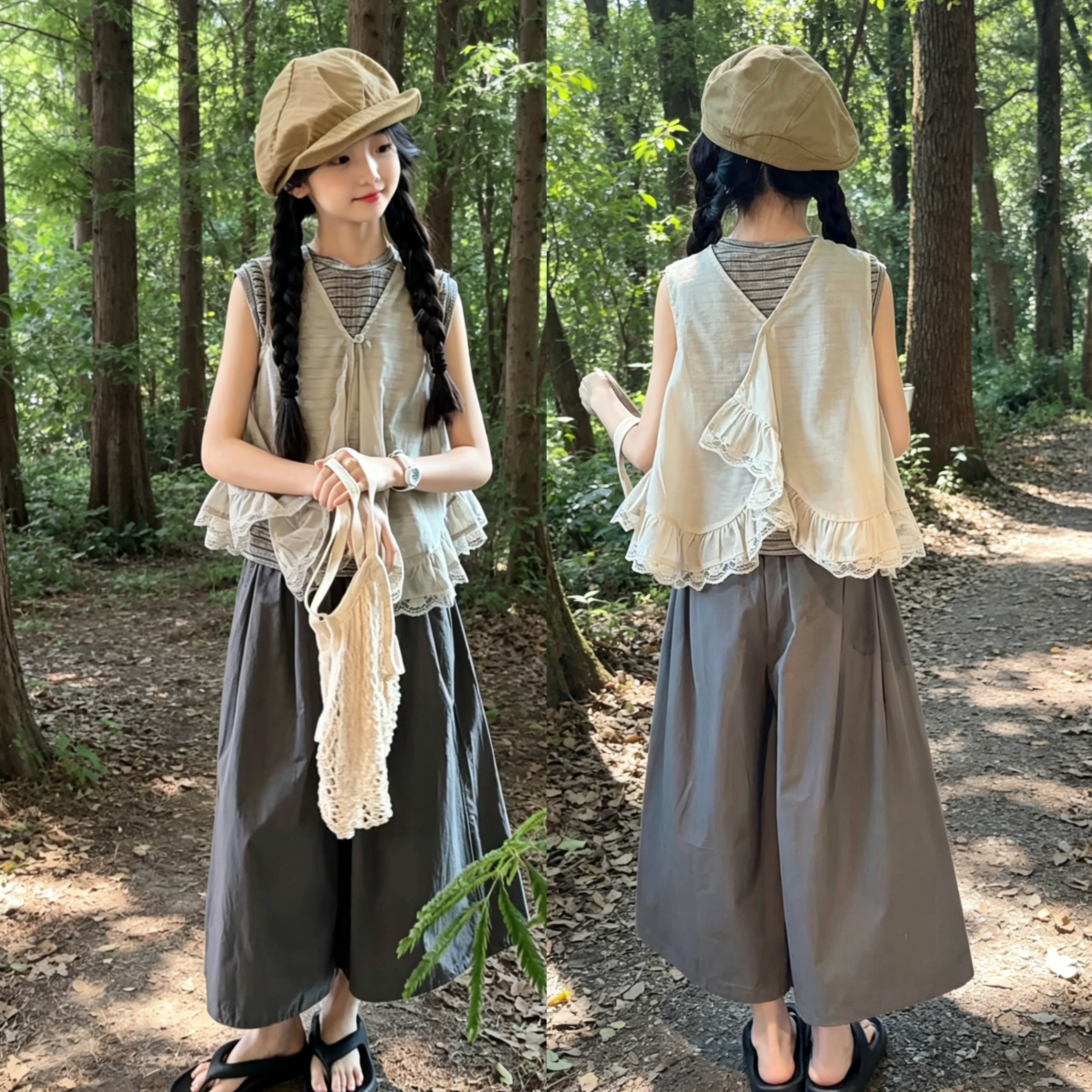 女童夏季新款洋气慵懒风背心马甲阔腿裤套装中大童森系穿搭三件套