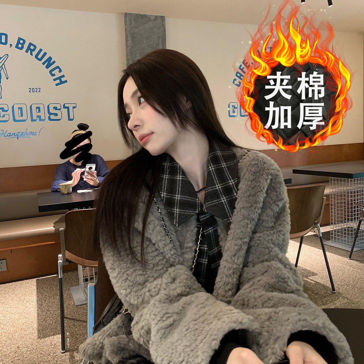 韩版拼接格子羊羔毛外套女2025秋冬新款夹棉加厚宽松显瘦百搭上衣