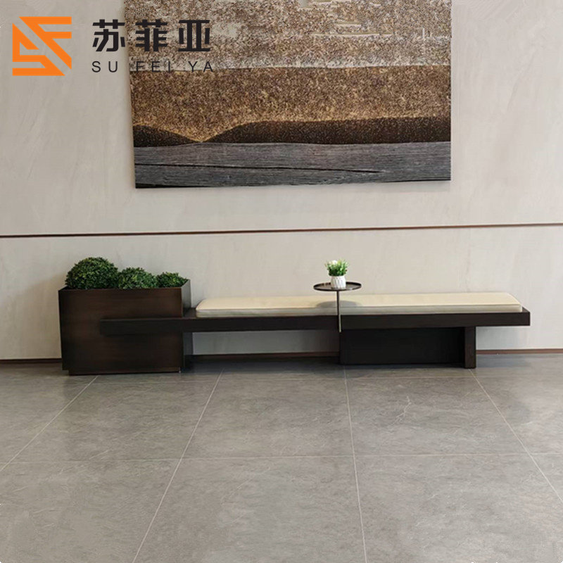 北欧轻奢皮布艺软包沙发凳设计师酒店大堂玄关实木金属接待长条凳