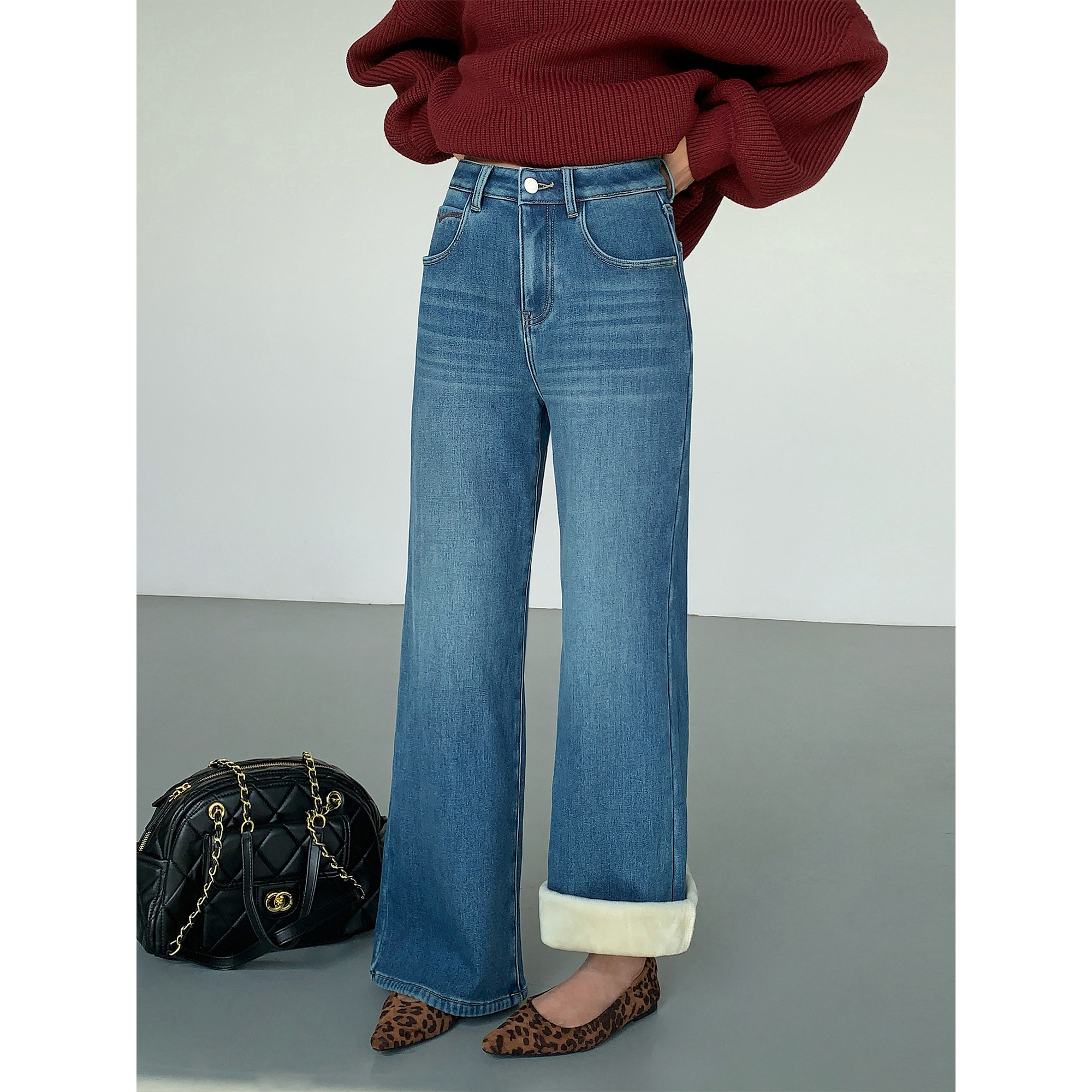 ousph【现货7折】复古蓝色牛仔裤女加绒厚喇叭阔腿宽松休闲长裤,女装/女士精品,牛仔裤,淘宝优惠券,粉丝福利购,淘宝优惠卷