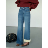 ousph 女加绒厚喇叭阔腿宽松休闲长裤 现货6折 复古蓝色牛仔裤