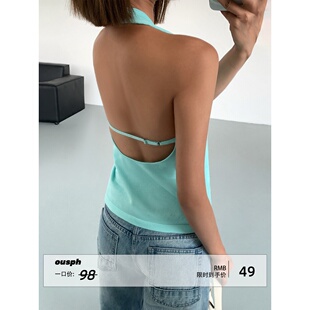 无袖 挂脖吊带背心女毛织米白V领修身 露肩上衣 现货5折 ousph