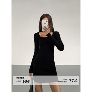连衣裙女长袖 方领弹力修身 包臀性感纯欲超短裙 现货6折 ousph