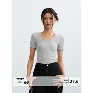 t恤女修身 黑色V领短袖 显瘦休闲正肩针织上衣 现货4折 ousph