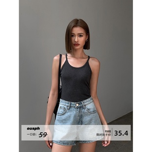 内搭吊带针织背心外穿女U领气质上衣 黑色无袖 ousph 现货6折
