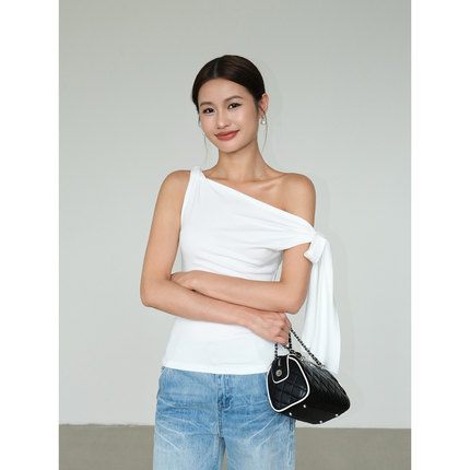ousph 设计感斜肩上衣女夏季小众高级白色蝴蝶结绑带修身露肩上衣