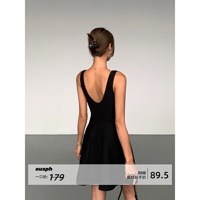 ousph【现货5折】小个子黑色拼接收腰连衣裙女修身性感法式短款