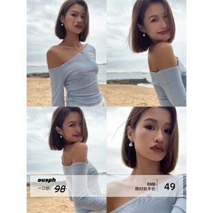 t恤女修身 针织蓝色斜露肩设计性感长袖 辣妹上衣 现货5折 ousph