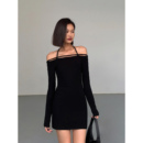 气质法式 ousph 紧修身 长袖 性感 黑色一字肩挂脖连衣裙女秋收腰新款