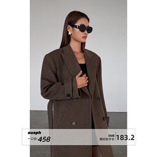 羊毛毛呢外套女开叉加厚大衣 黑色双排扣中长款 ousph 现货4折