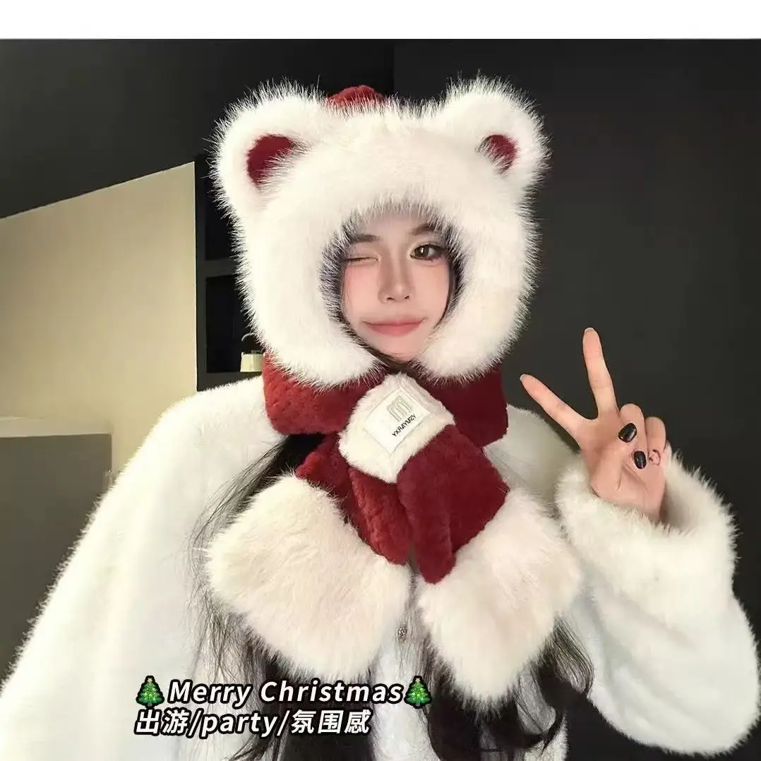 冬季新款小熊耳朵毛绒帽子女保暖防寒一体围脖骑车护耳帽子