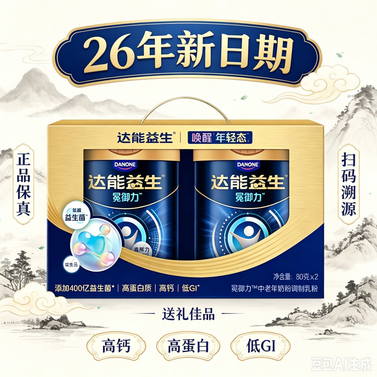 26年新日期达能益生中老年奶粉800g*2敢迈高钙蛋白送礼爸妈0蔗糖