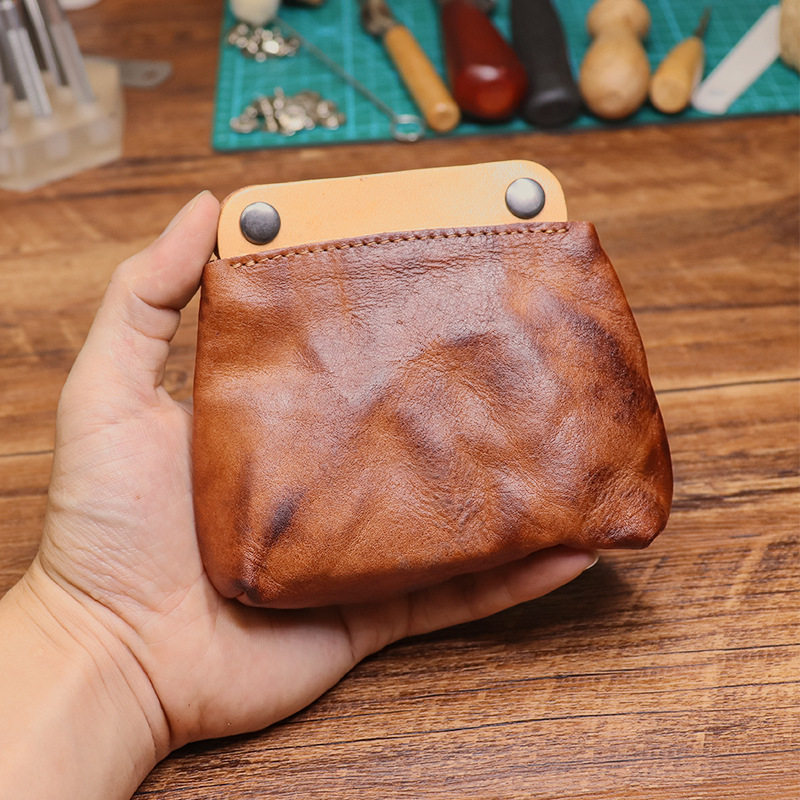 植鞣牛皮日系磁吸封口手工擦色做旧零钱包复古拼色耳机包男女通用