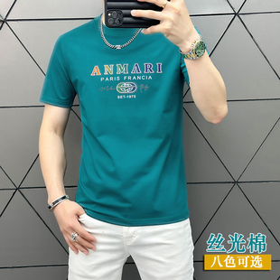 欧洲站新款简约湖绿色短袖t恤男圆领修身丝光棉男装薄款冰丝T恤