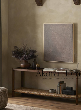 中古玄关桌超窄侘寂风复古做旧条案入户靠墙实木装饰玄关台藤编桌