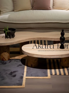中古风实木洞石茶几复古轻奢风树瘤皮设计家用客厅创意异形茶台