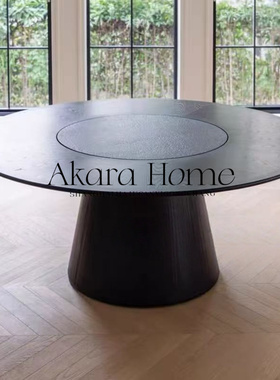 中古风家用圆形饭桌设计师创意大圆桌现代轻奢实木餐桌内嵌转盘桌