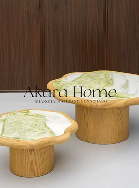 中古风实木大理石茶几复古风客厅家用设计师款茶台轻奢喝茶边几