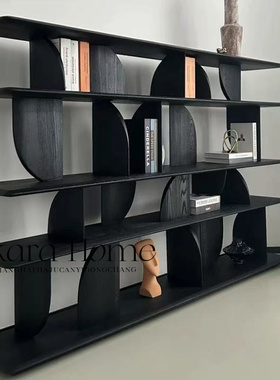 黑色实木书架落地侘寂博古架北欧书柜展示柜客厅多宝格屏风隔断