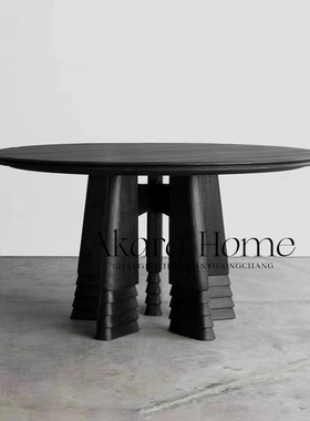 中古侘高端圆形实木餐桌家用复古黑色吃饭桌设计师创意圆桌艺术