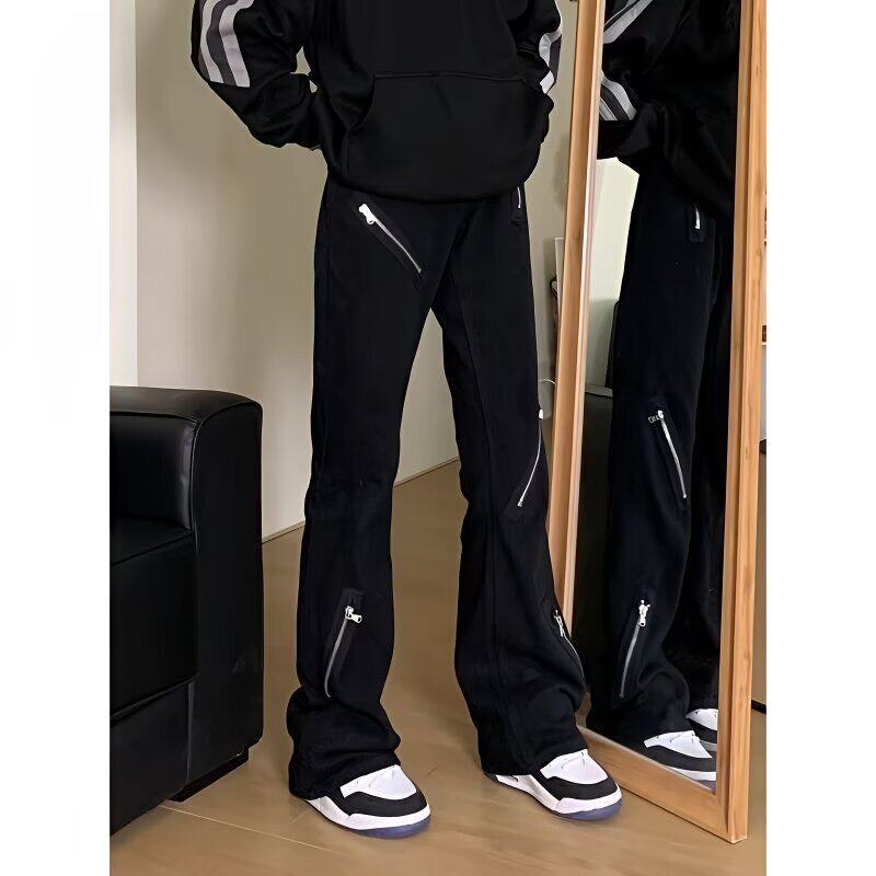 跨境微喇牛仔裤男款春夏季美式高街痞帅宽松解构机能风长裤子