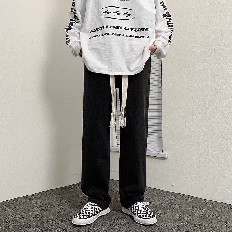 美式潮流休闲牛仔裤男款春秋季新款黑色高街宽松阔腿直筒长裤子