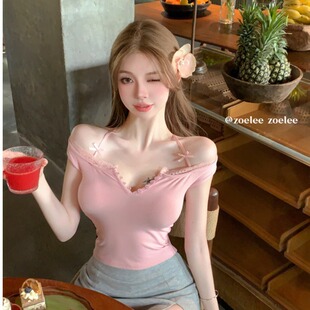 夏日纯欲甜辣网红辣妹上衣带胸垫显胸蕾丝花边绝美短款吊带背心女