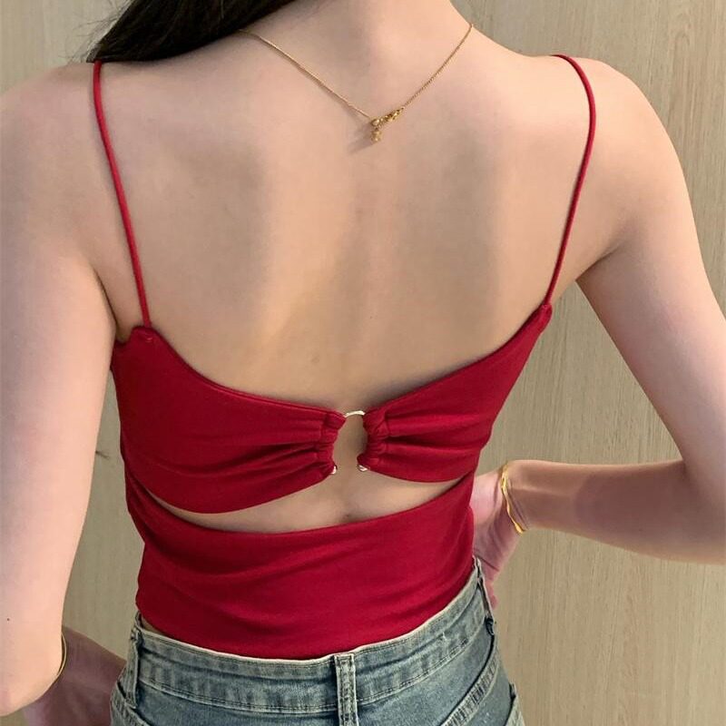 红色露背性感外穿内搭吊带背心女夏季新款时尚纯色打底带胸垫上衣