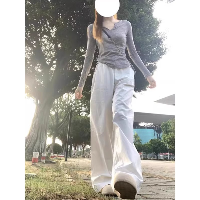 白色工装裤子女夏季薄款2023新款美式高腰宽松直筒休闲运动