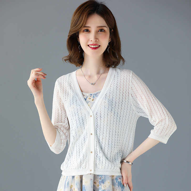 时尚朗姿羽夏季白色桑蚕丝镂空针织开衫外搭女薄款防晒外套上衣