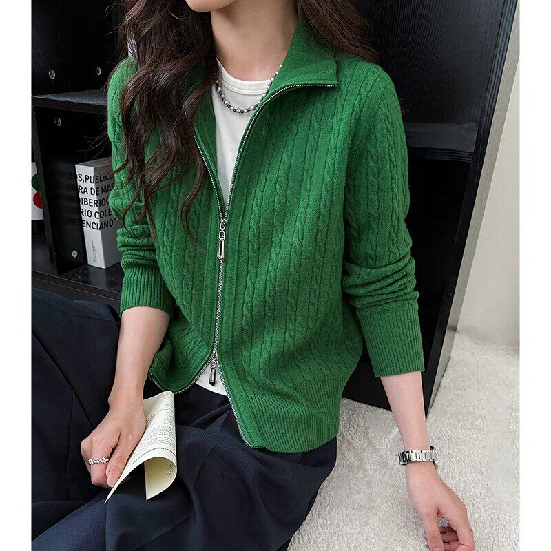 时尚朗姿2026春秋款绿色麻花羊毛针织开衫女翻领双头拉链毛衣外套