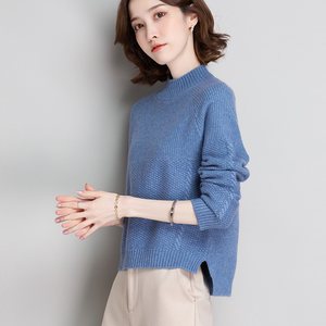 时尚朗姿冬季新款半高领纯羊毛套头毛衣前短后长高腰短款加厚毛衫