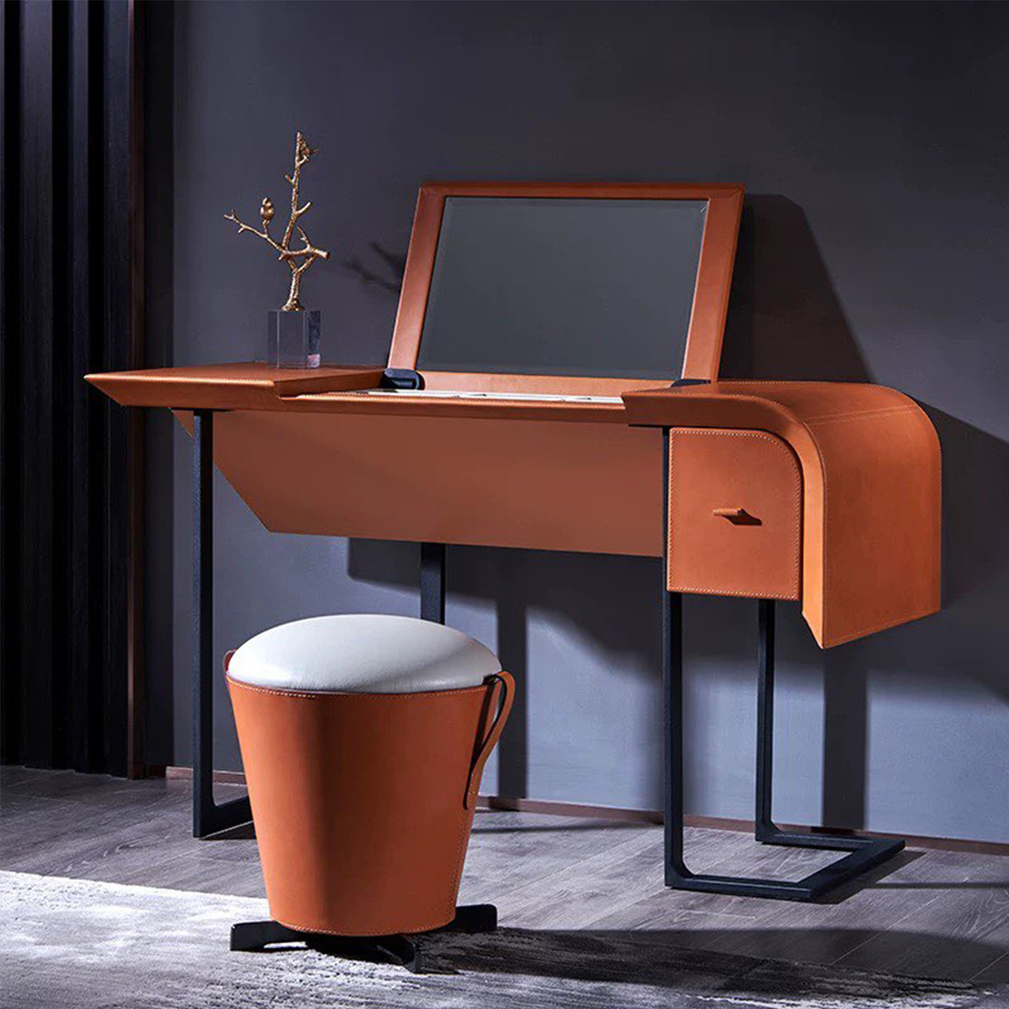 意式轻奢带镜梳妆台设计师豪宅实木创意橙色现代奢华艺术化妆桌