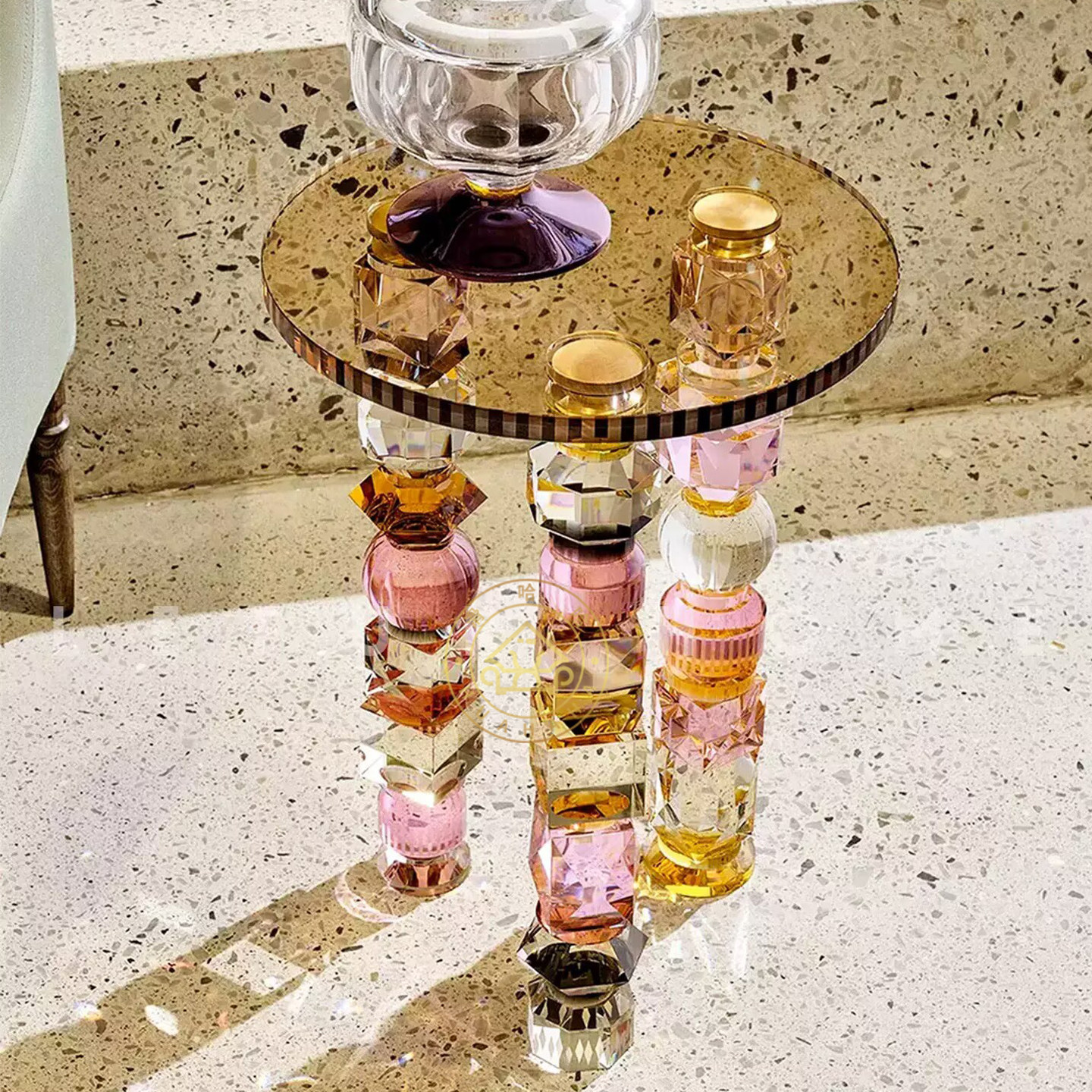 意式轻奢钢化玻璃边几彩色透明水晶支架设计师款艺术小户型咖啡桌