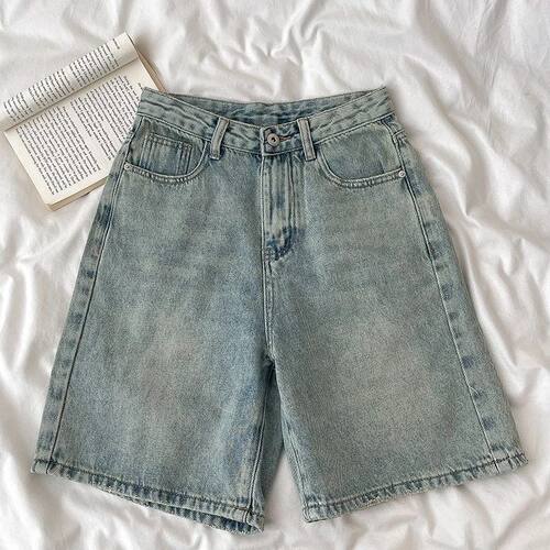 Retro Denim Shorts Women Summer High Waist Loose Wide Leg St