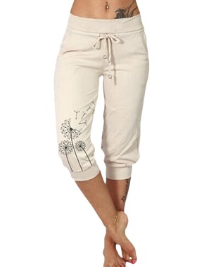 纯色印花宽松高腰七分裤Printed loose high-waisted capri pants