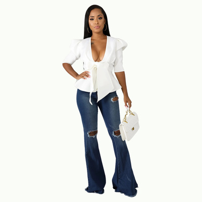 女士荷叶边下摆开衫绑带外套