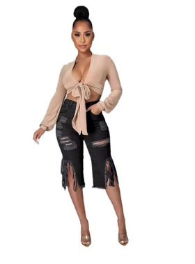 弹力流苏破洞牛仔裤  Elastic tassel ripped denim capri pants