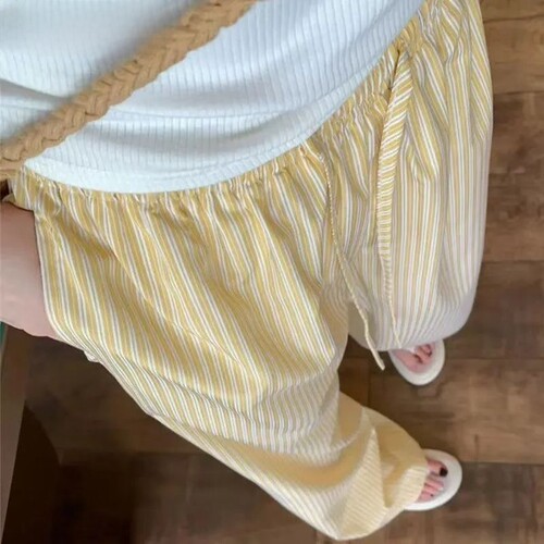 休闲竖条纹阔腿直筒修身女长裤