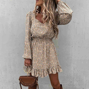 Printed Crinkled Skinny Long Sleeve Dress印花皱褶长袖连衣裙