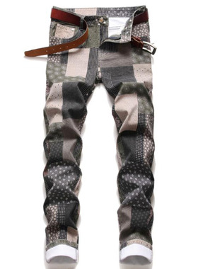 Denim-Hose für Herren mit Patchwork-Karos拼布格纹男士牛仔裤