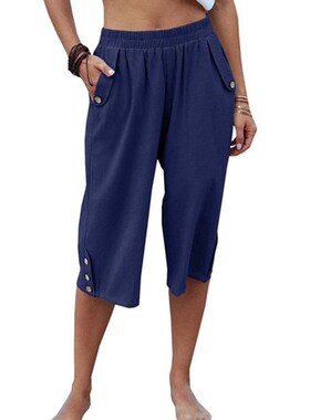 纯色休闲宽松高腰七分裤Solid-colored casual loose capri pants