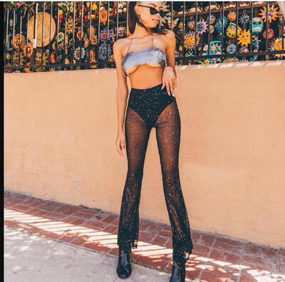 亮丝网纱透视微喇叭裤