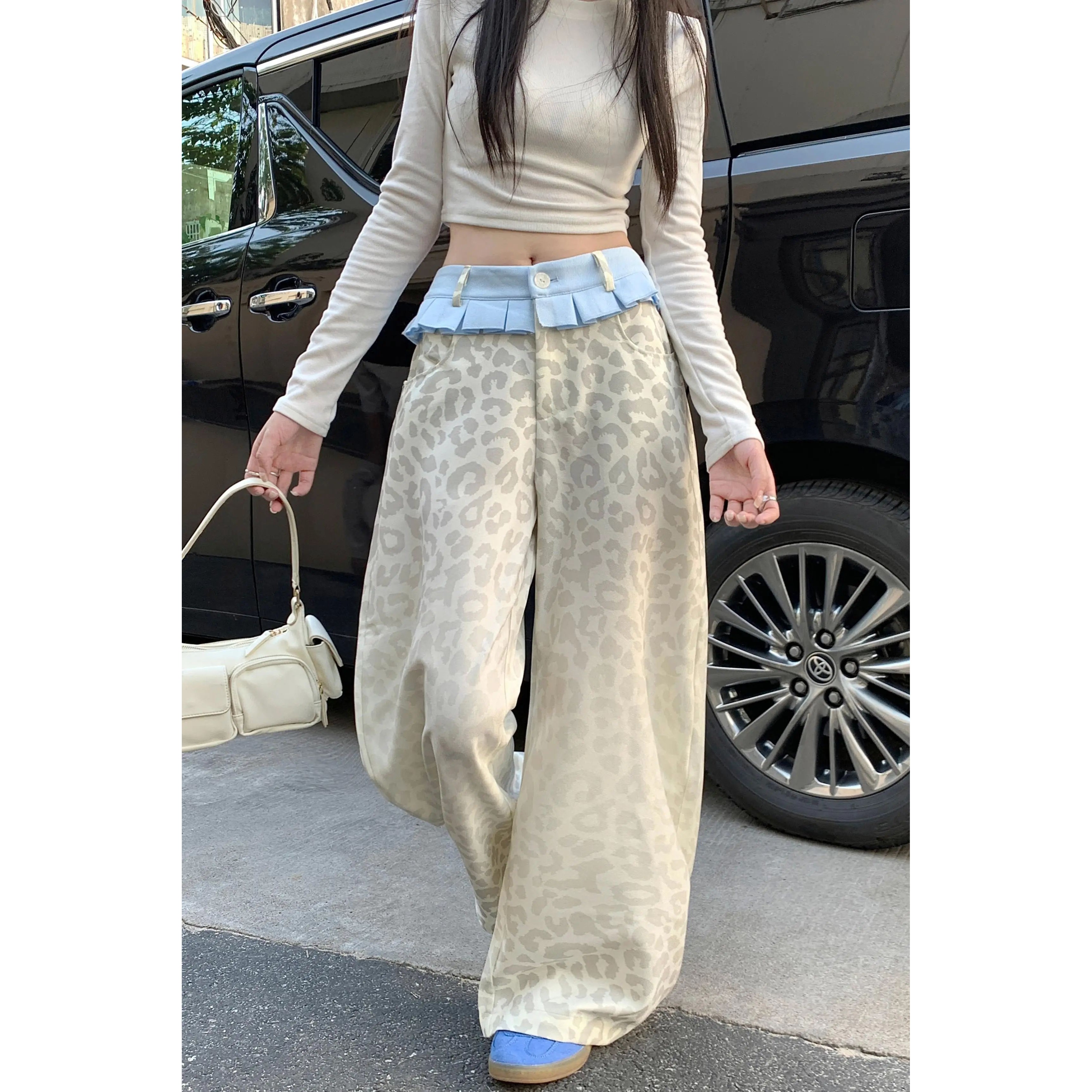 女豹纹休闲裤水洗复古修身阔腿裤图片