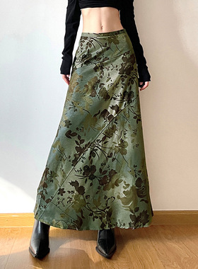 Forest-themed retro green printed skirt 森林系复古绿色半身裙