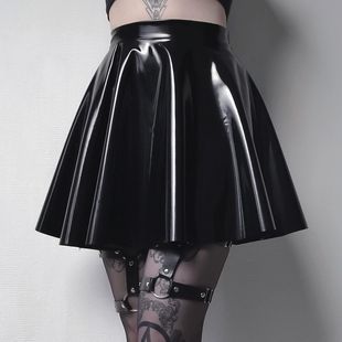 Leather Pleated Shiny Waist SkirtPU皮亮面高腰百褶裙 High