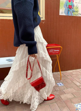 A patchwork twill white lace mesh skirt 斜纹款白色蕾丝半身裙