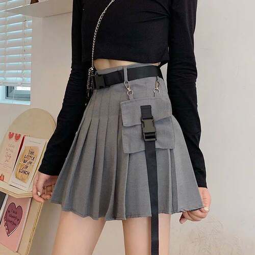 女生高腰口袋工装百褶裙