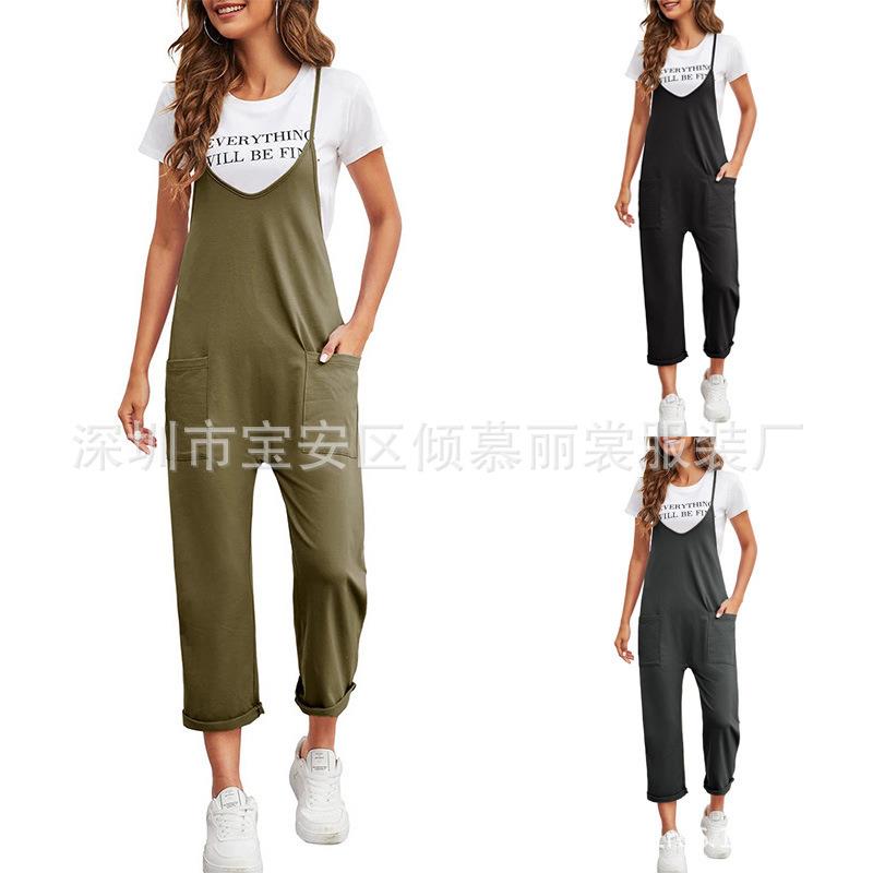 Jumpsuit Casual Pants Color Suspender Pocket Womens Solid