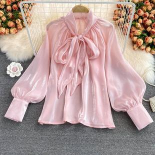 top size large temperament shirt Loose long tie women bow